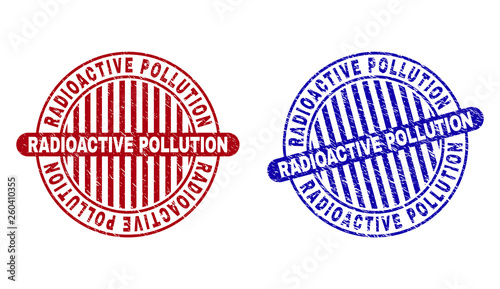 Grunge RADIOACTIVE POLLUTION round stamp seals isolated on a white background. Round seals with grunge texture in red and blue colors.