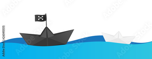 Pirate ship attack concept. Black and white paper ship. Vector illustration.