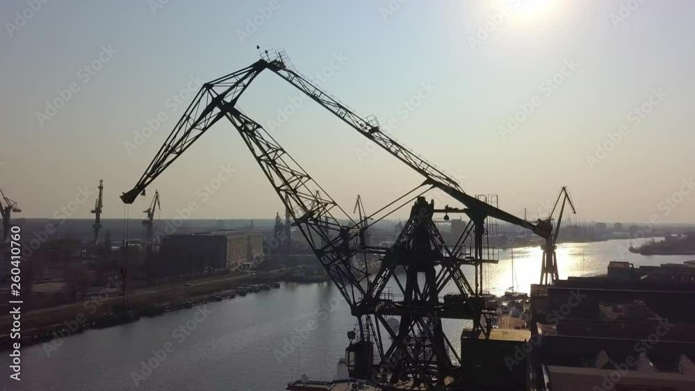 Aerial of Port Crane Over Shipyard Docks Aerial of Port Crane Over Shipyard Docks