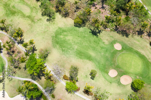 Aerial view from drone on golf field