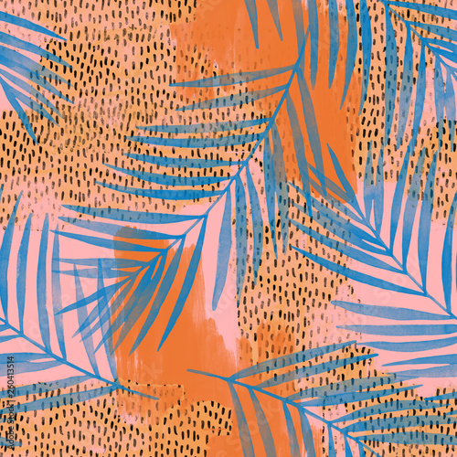 Water color palm leaves on rough grunge textures, doodles, scribbles background