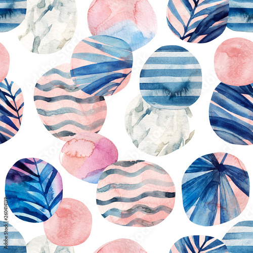 Circles with palm leaves, waves, stripes and water color marble, grained, gru...