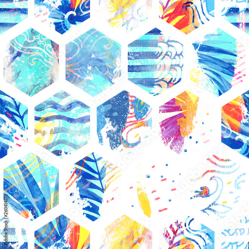 Abstract hexagon seamless pattern with geometric ornament elements