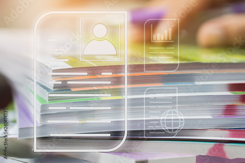 Document Report and business data system business HR technology Concept: Businessman Manager hands holding pen for checking and signing white documents reports papers of files icon in modern office