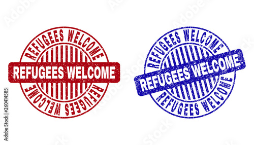 Grunge REFUGEES WELCOME round stamp seals isolated on a white background. Round seals with grunge texture in red and blue colors.