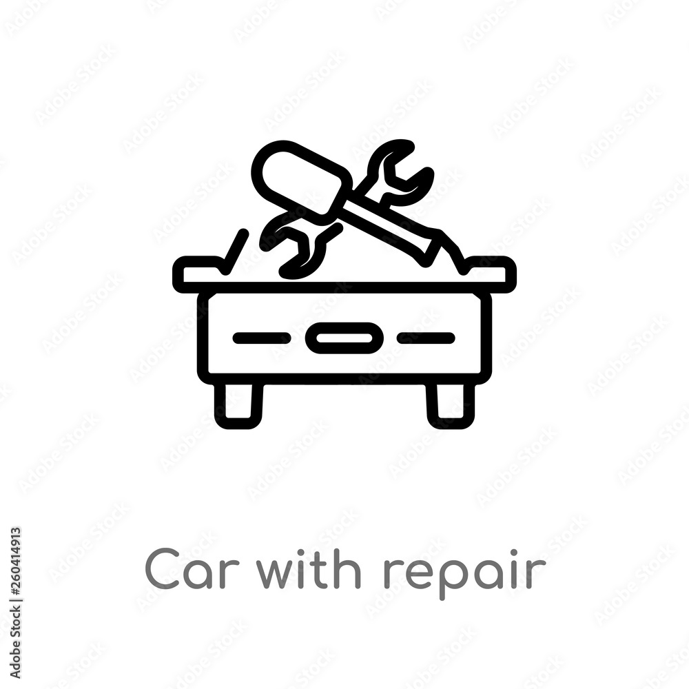 outline car with repair equipment vector icon. isolated black simple line element illustration from mechanicons concept. editable vector stroke car with repair equipment icon on white background outline car with repair equipment vector icon. isolated black simple line element illustration from mechanicons concept. editable vector stroke car with repair equipment icon on white background