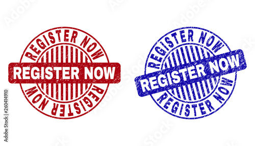 Grunge REGISTER NOW round stamp seals isolated on a white background. Round seals with grunge texture in red and blue colors.