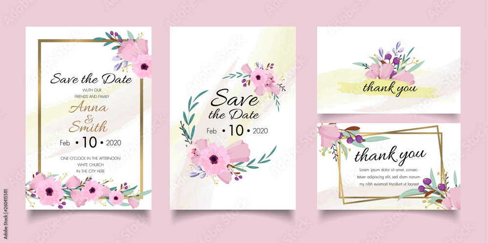 template Wedding invite, invitation,save the date card design with pink flower branches leaves