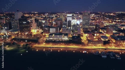 Aerial Zoom Up towards Downtown Memphis at Night