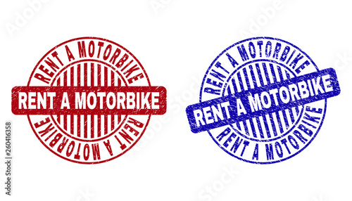 Grunge RENT A MOTORBIKE round stamp seals isolated on a white background. Round seals with grunge texture in red and blue colors.