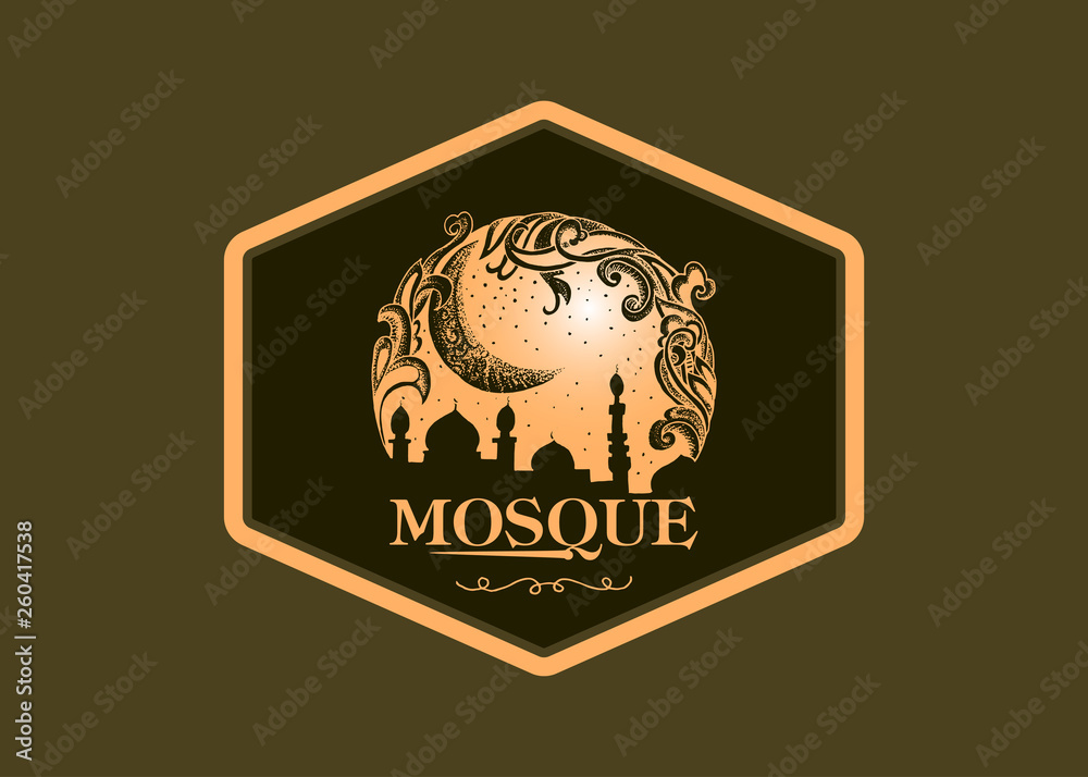 Hand Drawn Illustration of mosque on badge logo Hand Drawn Illustration of mosque on badge logo
