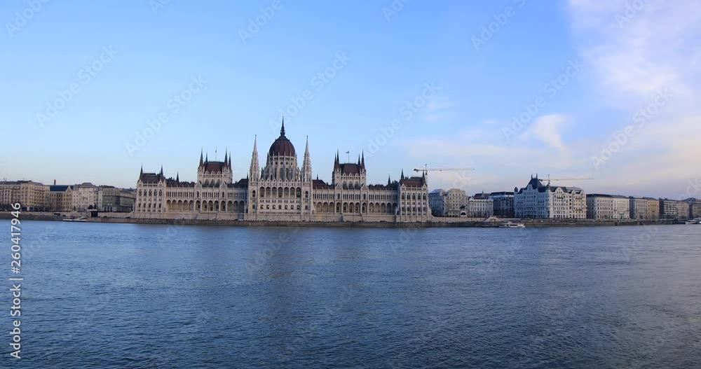 Old Hungarian Parliament building panaroma from the Danube river at winter time. Old Hungarian Parliament building panaroma from the Danube river at winter time.