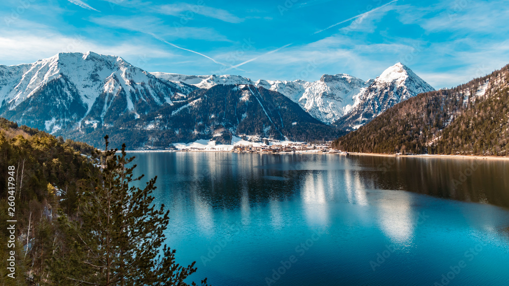 Beautiful alpine winter view with reflections at the Achensee-Pertisau-Tyrol-Austria