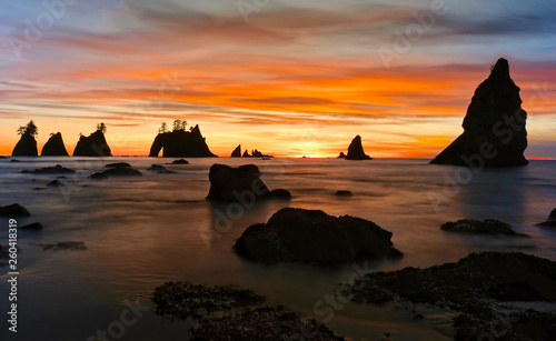 Sea stack in the ocean at sunset. Olympic peninsula. Pacific ocean. Shi Shi beach. Point of Arches. WA. USA