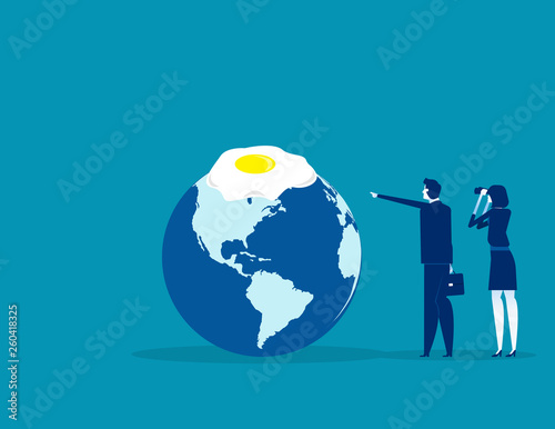 Global warming. Concept business vector illustration, Egg frying , Planet earth, Looking.