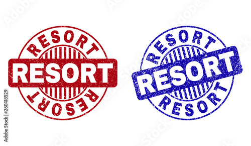 Grunge RESORT round stamp seals isolated on a white background. Round seals with grunge texture in red and blue colors. Vector rubber imprint of RESORT title inside circle form with stripes.