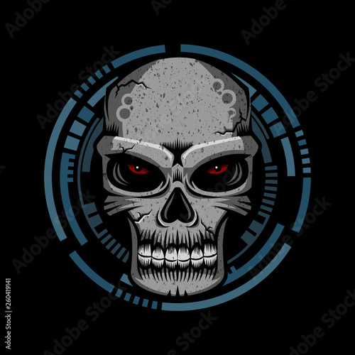 The skull with his staring sharply on a futuristic circles
