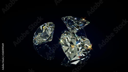 Three diamonds: round, princess, hart cut, rotating on black glossy background. Seamless animation