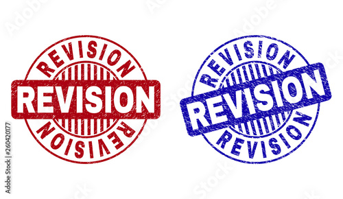 Grunge REVISION round stamp seals isolated on a white background. Round seals with grunge texture in red and blue colors. Vector rubber overlay of REVISION text inside circle form with stripes.