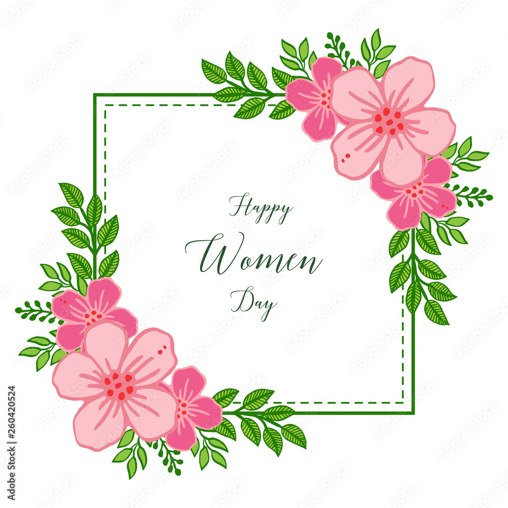 Vector illustration banner of happy women day with crowd green leafy flower frame