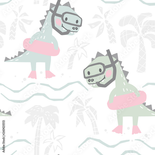 Dinosaur baby with rubber ring cute seamless pattern. Sweet dino going snorkeling on beach print.