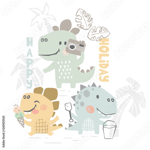 Dinosaurs on beach baby cute print. Sweet dino summer leisure.