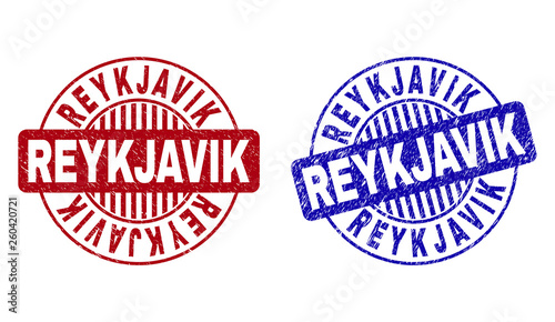 Grunge REYKJAVIK round stamp seals isolated on a white background. Round seals with grunge texture in red and blue colors. Vector rubber imprint of REYKJAVIK caption inside circle form with stripes.