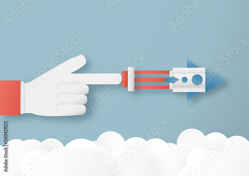Vector illustration with start up concept in paper cut, craft and origami style. Rocket is flying on blue sky. Template design for web banner, poster, cover, advertisement. 3D art craft for kids.