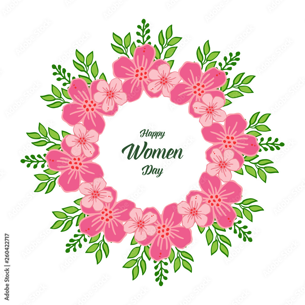 Vector illustration lettering happy women day with pattern pink flower frames blooms