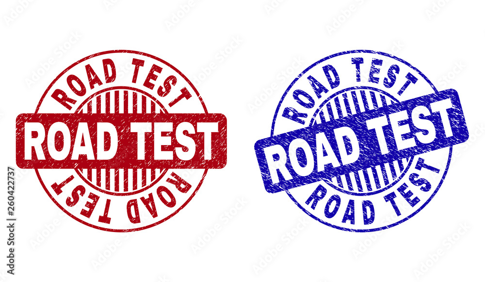Grunge ROAD TEST round stamp seals isolated on a white background. Round seals with grunge texture in red and blue colors. Vector rubber imitation of ROAD TEST caption inside circle form with stripes. Grunge ROAD TEST round stamp seals isolated on a white background. Round seals with grunge texture in red and blue colors. Vector rubber imitation of ROAD TEST caption inside circle form with stripes.