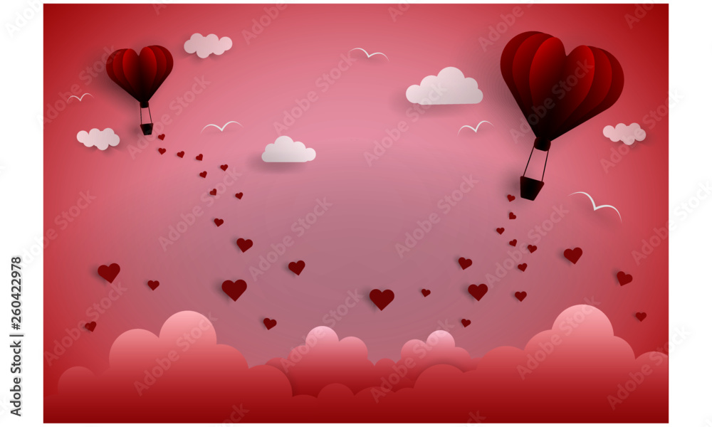 illustration of love on valentine day with balloon flying and heart float on the sky,  paper art