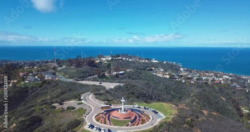 Beautiful Drone View of Mt. Soledad Cross in La Jolla, California. Smooth, 4K HD Aerial. Mount Soledad Veterans Memorial near Mission Bay, Mission Beach, North PB.