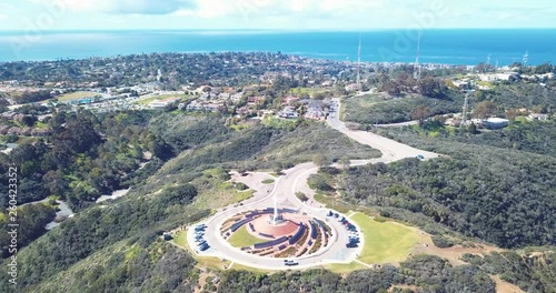Beautiful Drone View of Mt. Soledad Cross in La Jolla, California. Smooth, 4K HD Aerial. Mount Soledad Veterans Memorial near Mission Bay, Mission Beach, North PB.