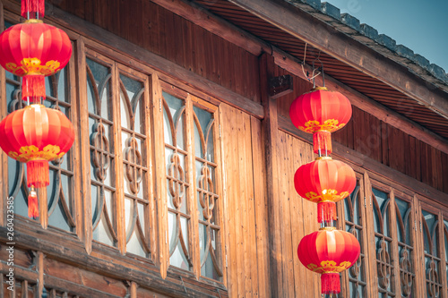 Canvas Print Chinese Red Lantern decorated on traditional old house.