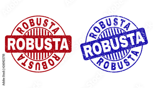 Grunge ROBUSTA round stamp seals isolated on a white background. Round seals with grunge texture in red and blue colors. Vector rubber imitation of ROBUSTA title inside circle form with stripes.