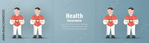 Vector illustration in concept of health insurance. Template design is on pastel blue background for cover, web banner, poster, slide presentation. Art Craft for kid in 3D paper cut style.