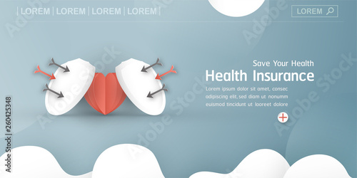 Vector illustration in concept of health insurance. Template design is on pastel blue background for cover, web banner, poster, slide presentation. Art Craft for kid in 3D paper cut style.