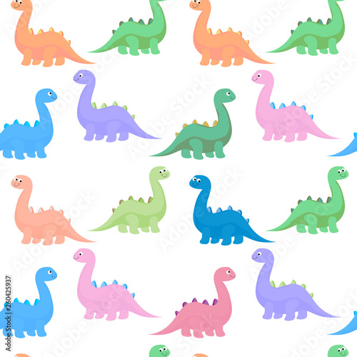 Funny colorful cute dinosaurs vector flat seamless pattern isolated 