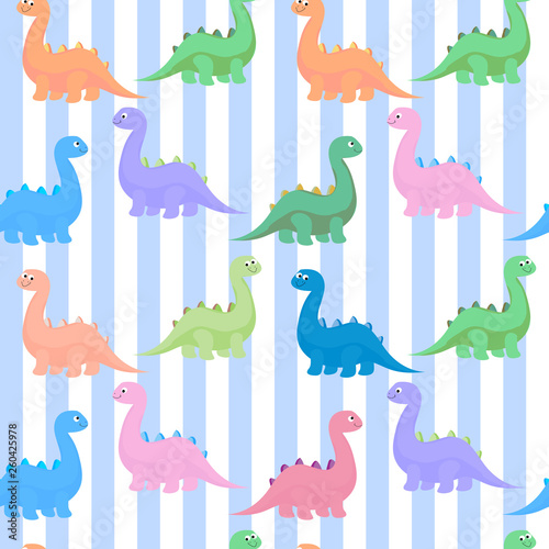 Fototapeta Naklejka Na Ścianę i Meble -  Funny colorful cute dinosaurs vector flat seamless pattern isolated 
