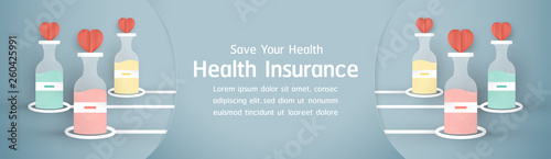 Vector illustration in concept of health insurance. Template design is on pastel blue background for cover, web banner, poster, slide presentation. Art Craft for kid in 3D paper cut style.