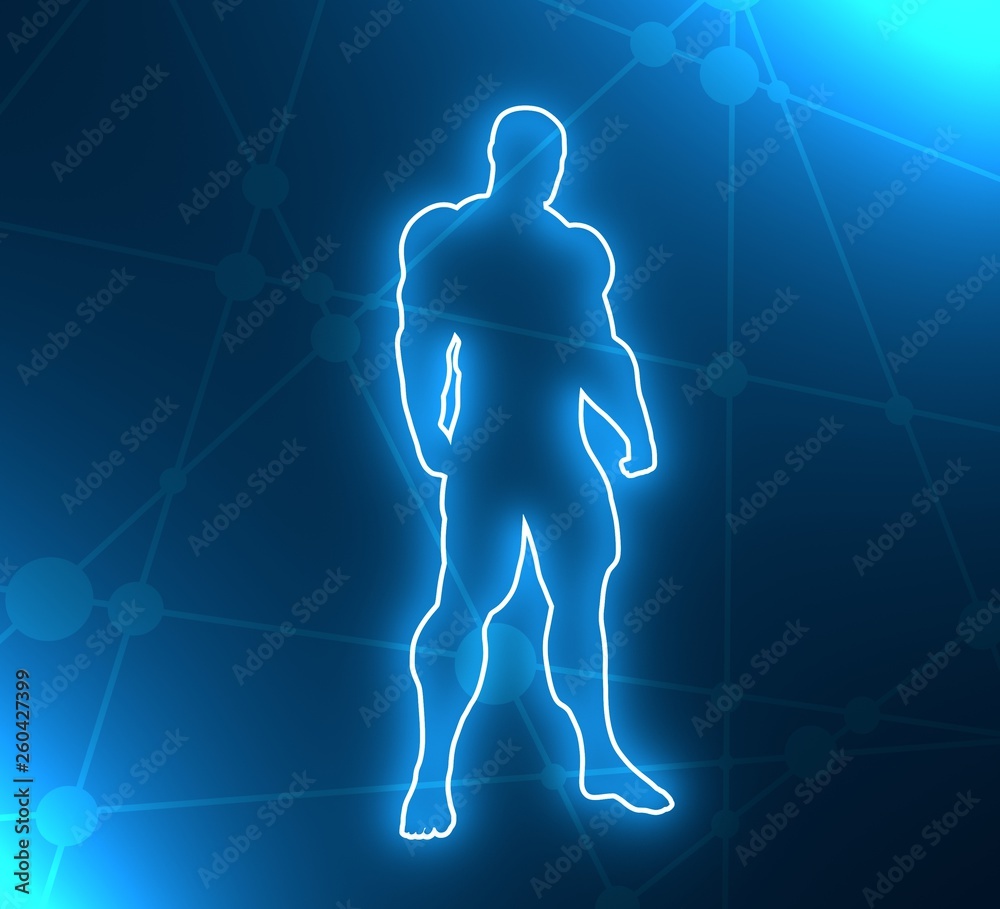 Bodybuilder outline silhouette. Muscular man posing. Simple style illustration. Sport concept. 3D rendering. Neon bulb illumination Bodybuilder outline silhouette. Muscular man posing. Simple style illustration. Sport concept. 3D rendering. Neon bulb illumination