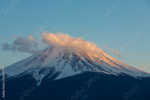 Amazing Mt Fuji Kawaguchiko lake, Japan landscape in sunset day time in blue sky background concept for fujisan japanese nature landmark, snow on top mountain scenery view, Winter cold water city.