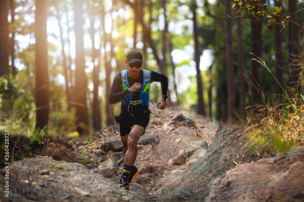 A man Runner of Trail . and athlete's feet wearing sports shoes for trail running in the forest A man Runner of Trail . and athlete's feet wearing sports shoes for trail running in the forest