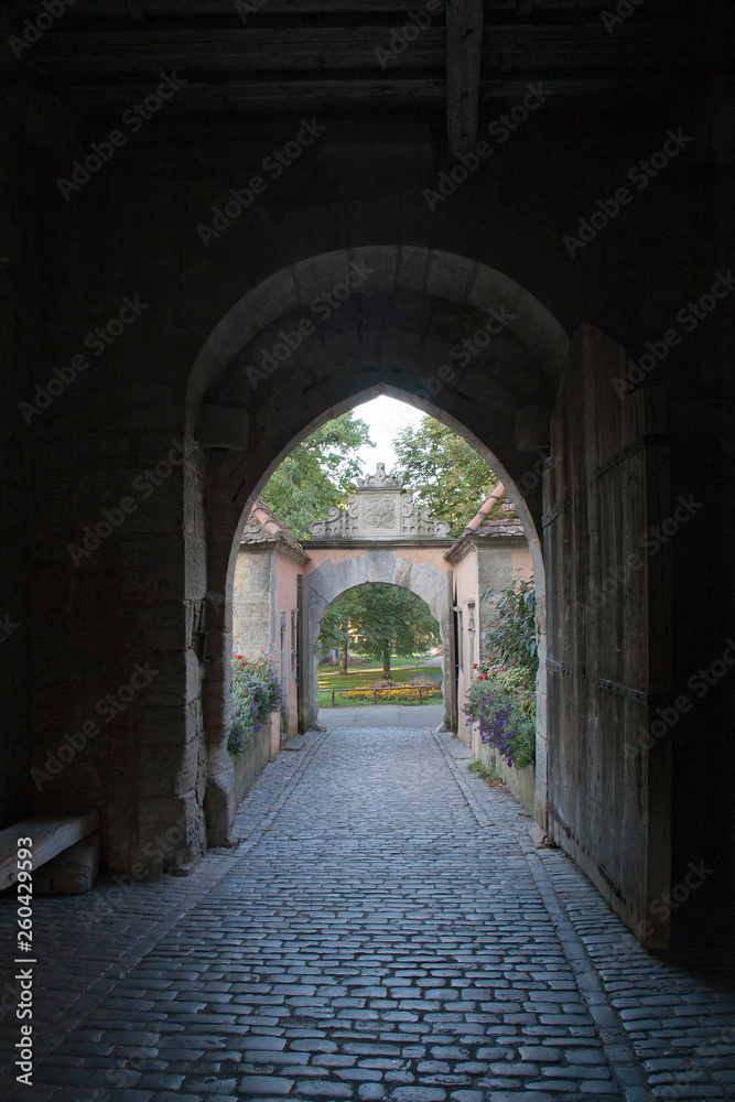 Rothenburg ob der Tauber Germany, passage and gate to the castle garden