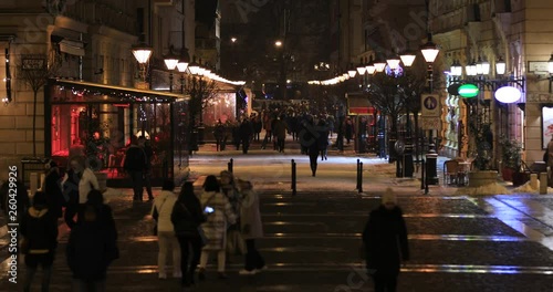 Many people walking and city traffic in Budapest city. Budapest Hungary. Time lapse