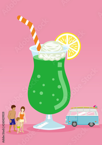 Symbolic summer vacation image, Cute ice cream float juice and Family who wear swimwear, Minivan car - copy space