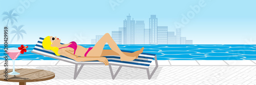 Bikini woman lying down on the chaise chair in resort pool, side view - copy space
