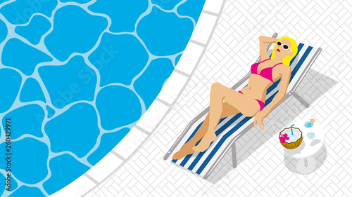 Bikini woman lying down on the chaise chair in resort pool, top view - copy space