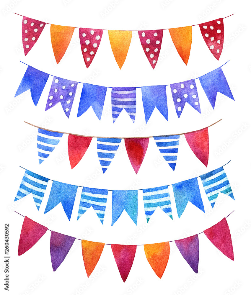 Watercolor party set of colorful flags garlands isolated on white