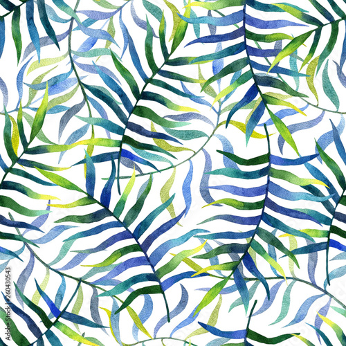 Watercolor tropical seamless pattern with palm leaves on white background © Tamiris